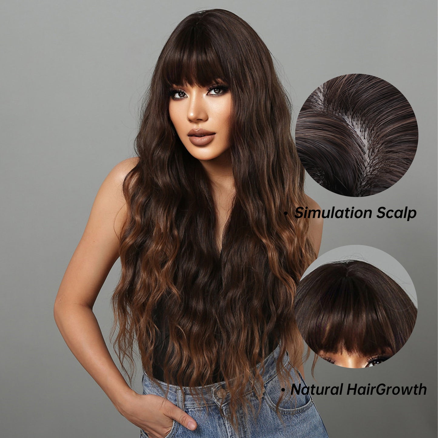 30 inch Long Brown Wavy With Bangs for Women LC2029-1