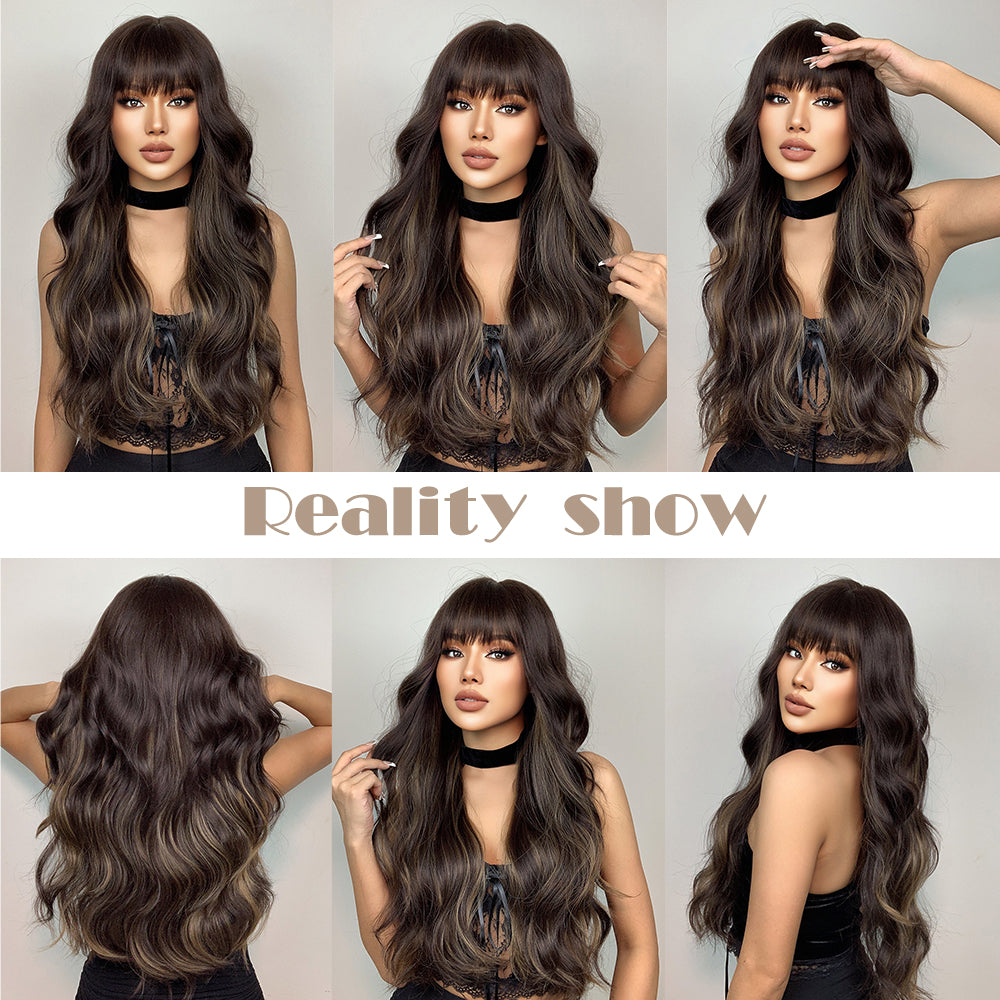 26 Inches Long Curly Brown Wigs with Bangs and Black Roots Synthetic Wigs Women's Wigs for Daily or Cosplay Use LC1029-1