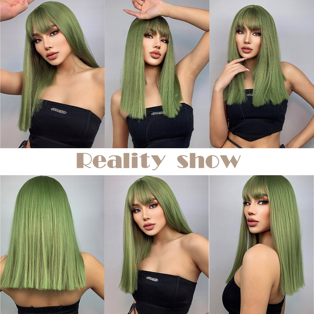 Long straight green wigs with bangs wigs for women for daily party LC6043-1