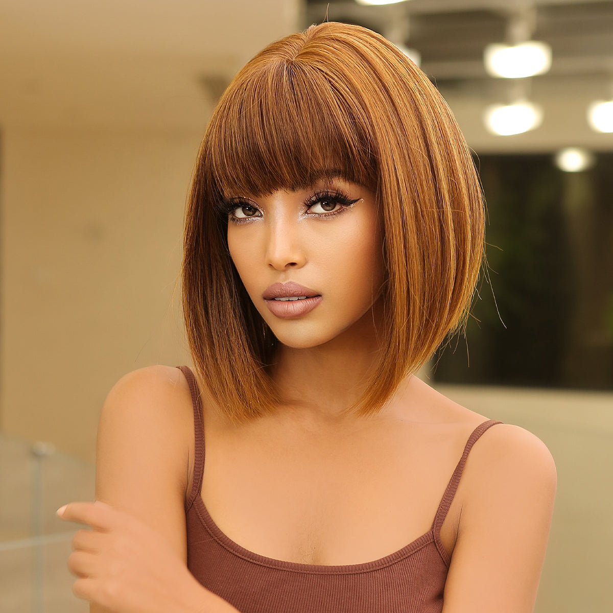 14 Inch short straight bobo wigs blonde wigs with bangs wigs for women LC2071-2