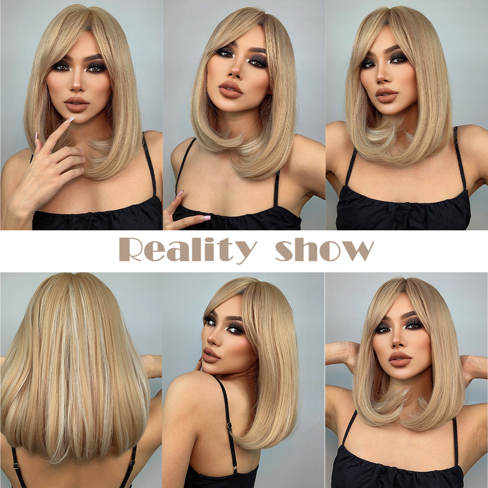 16 Inch long straight wigs blonde with bangs wigs for women daily or cosplay use LC046-1