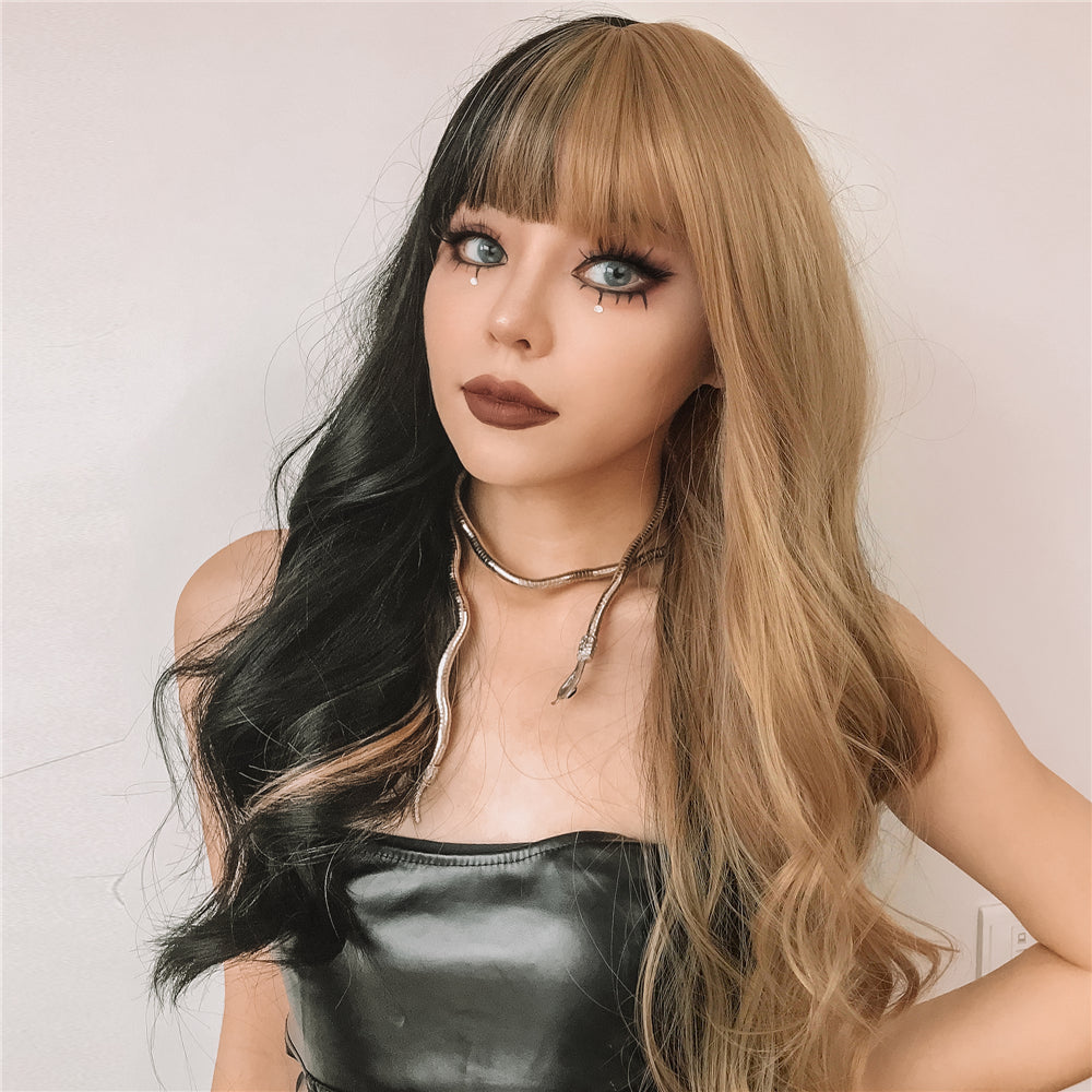 26 Inches Long Curly Black and Blonde Wigs with Bangs Synthetic Wigs Women's Wigs for Daily or Cosplay Use lc459-1