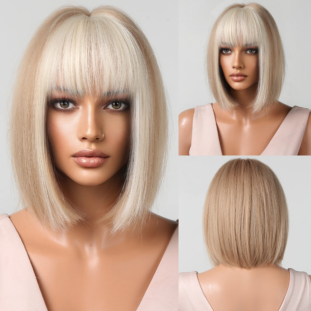 12 Inches Short Straight Blonde Bobo Wigs with Ivory Bangs Synthetic Wigs for Women Daily Use LC2080-10