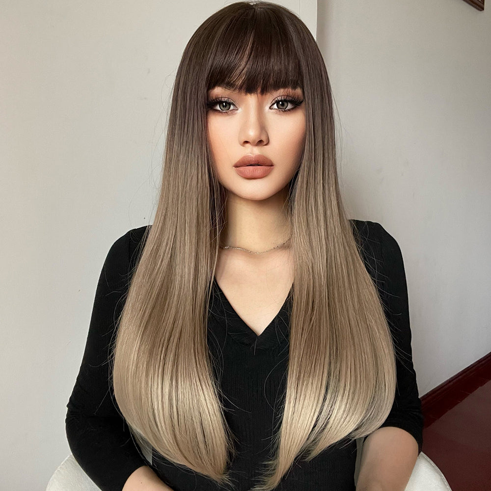 26 inch Long curly wigs brown black ombre blonde wigs with bangs for women for daily or cosplay use LC169-1