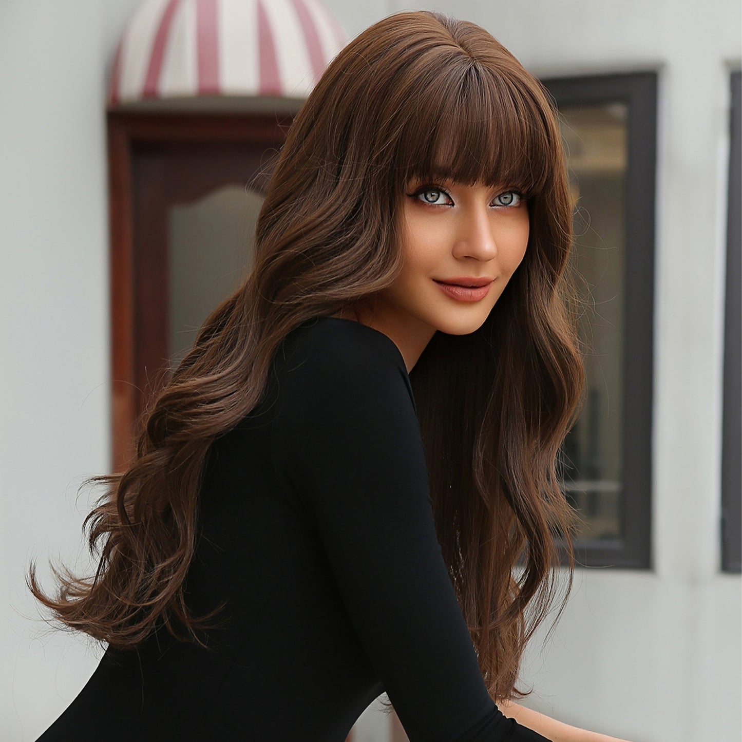 26 inch Long curly brown wigs with bangs wigs for women for daily life WL1071-1