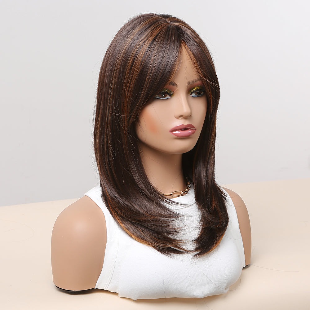 long Brown Wigs for Women, Synthetic Wig with Bangs Layered Hair with Highlight LC483-1