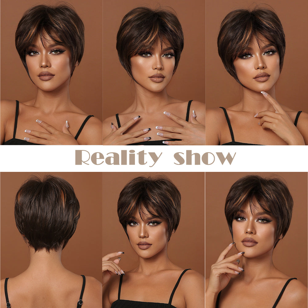 8 Inches Short Brown Black Wigs with Blonde Highlight Pixie Cut Wigs for Women Daily or Cosplay Use LC2020-4