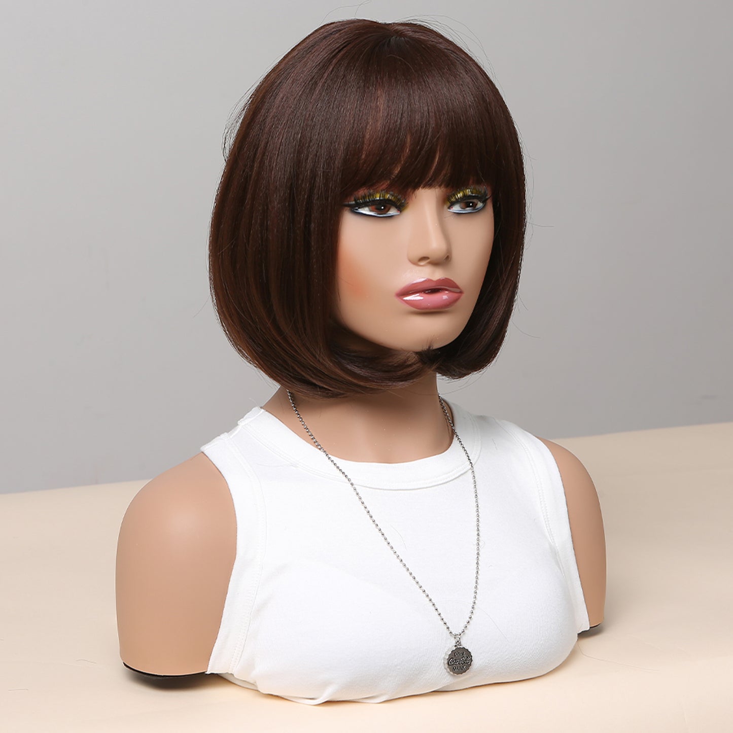 12 inch hort straight brown Bob wig with bangs Women's wig for daily  or cosplay use SS155-1