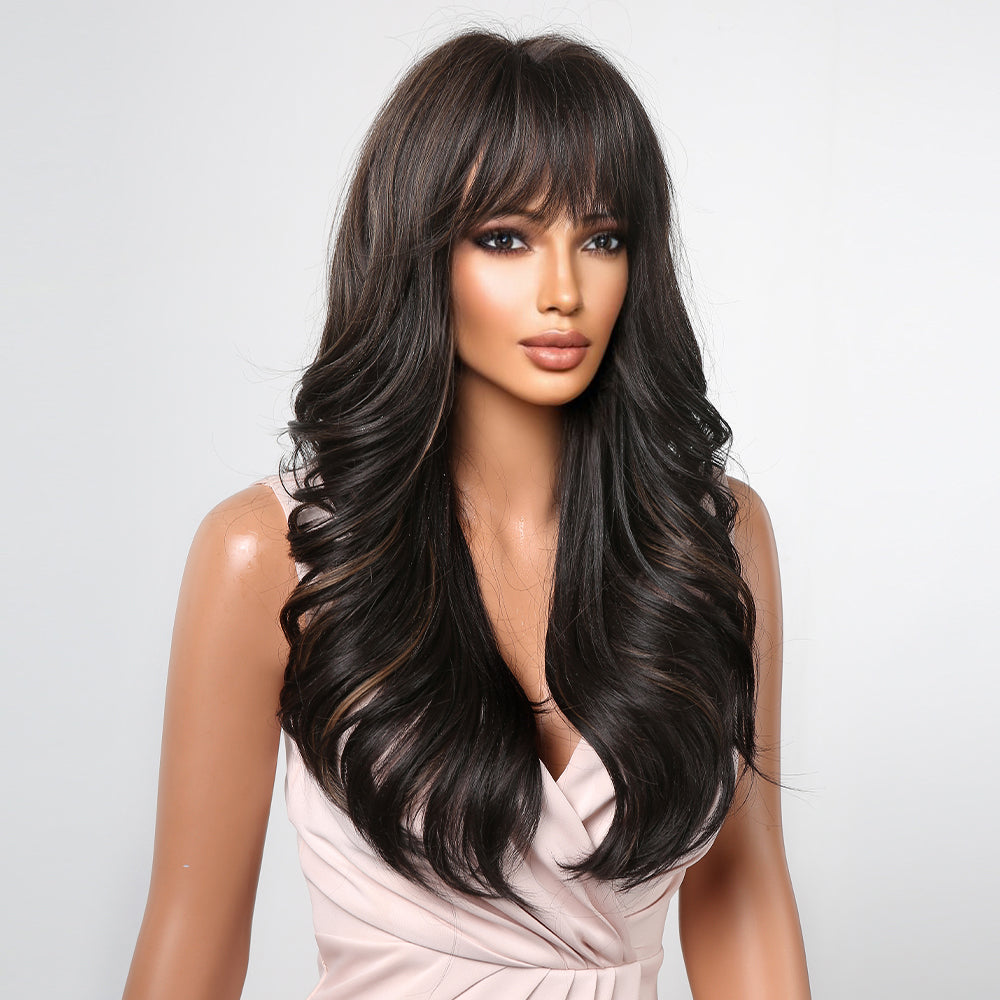 26 Inches Long Curly BlackWigs with Bangs Synthetic Wigs Women's Wigs for Daily or Cosplay Use LC2090-1