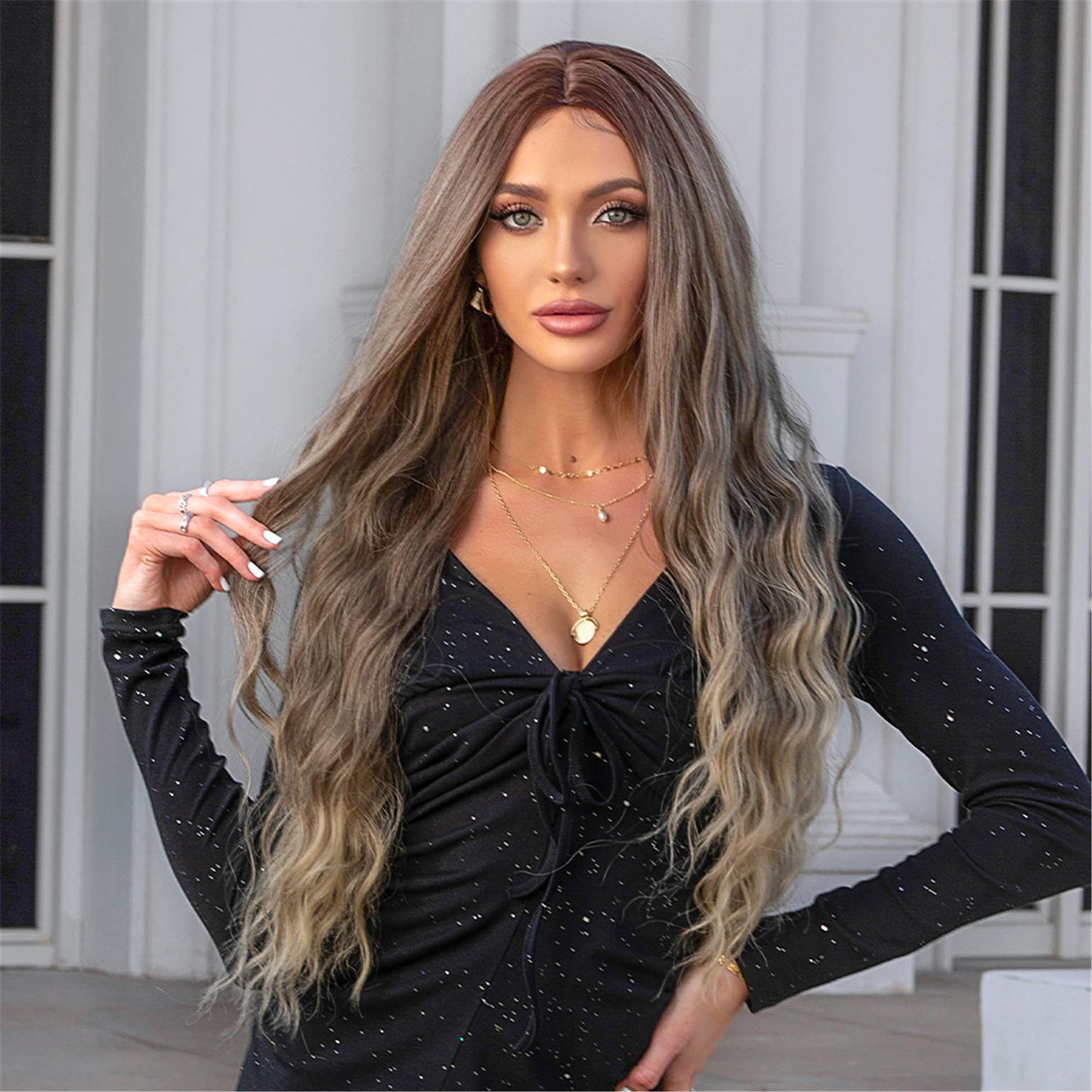 28 Inches Long Curly Brown Ombre Blonde Wigs Synthetic Wigs Women's Wigs for Daily Use Party or Cosplay Taking Photos LC050-1