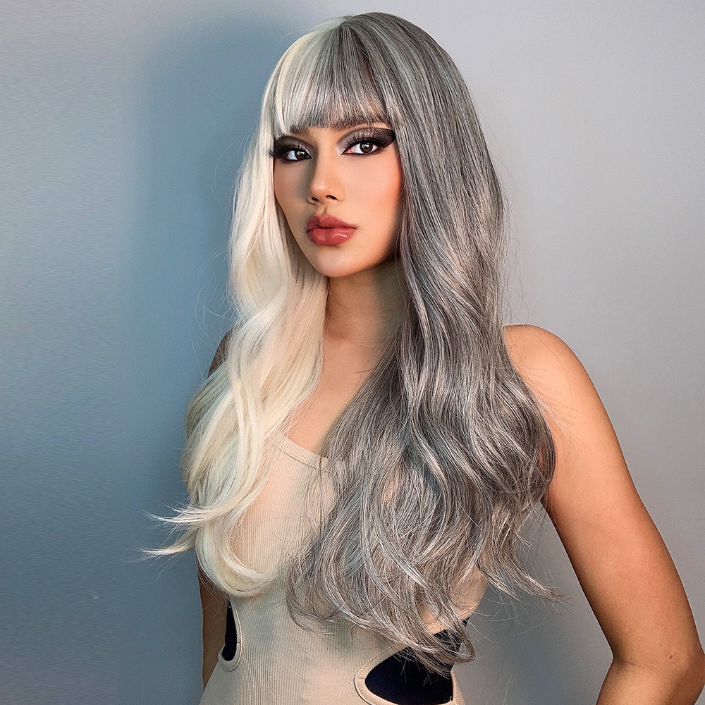 26 Inches Long Curly Gray and White Wigs with Bangs Synthetic Wigs Women's Wigs for Daily or Cosplay Use lc6081-1