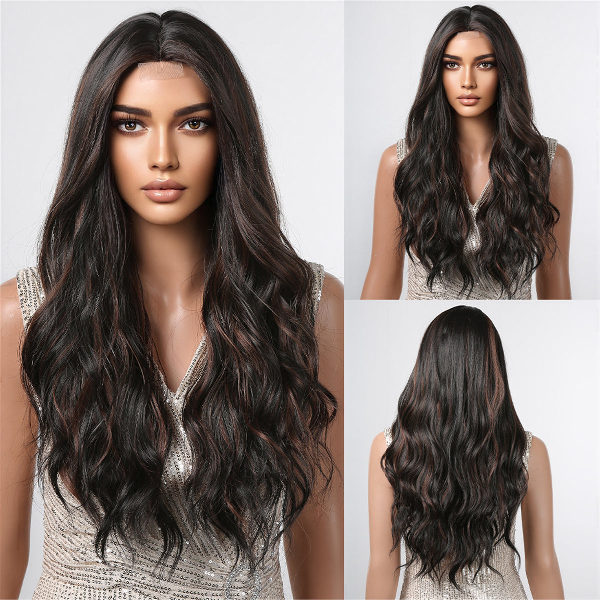 [Lace Front] 30 Inch long curly wigs with lace front wigs brown highlight black wigs for women FTL3007-1