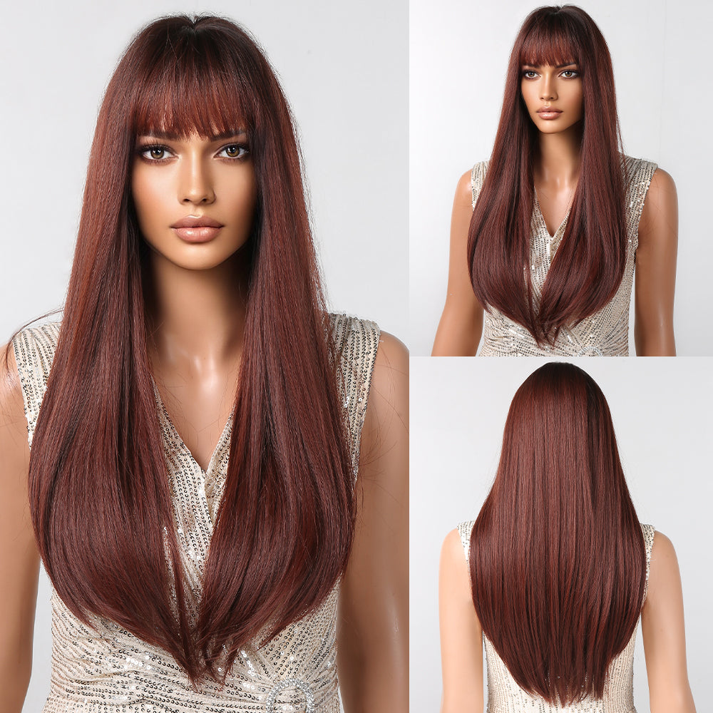 28 inch Long straight wigs black ombre wine red Wigs with bangs wigs LC2096-2