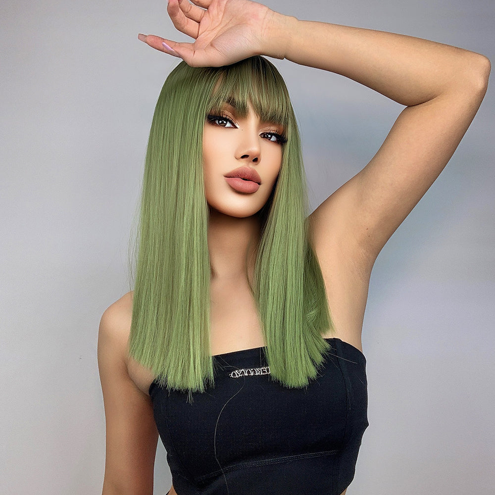 Long straight green wigs with bangs wigs for women for daily party LC6043-1