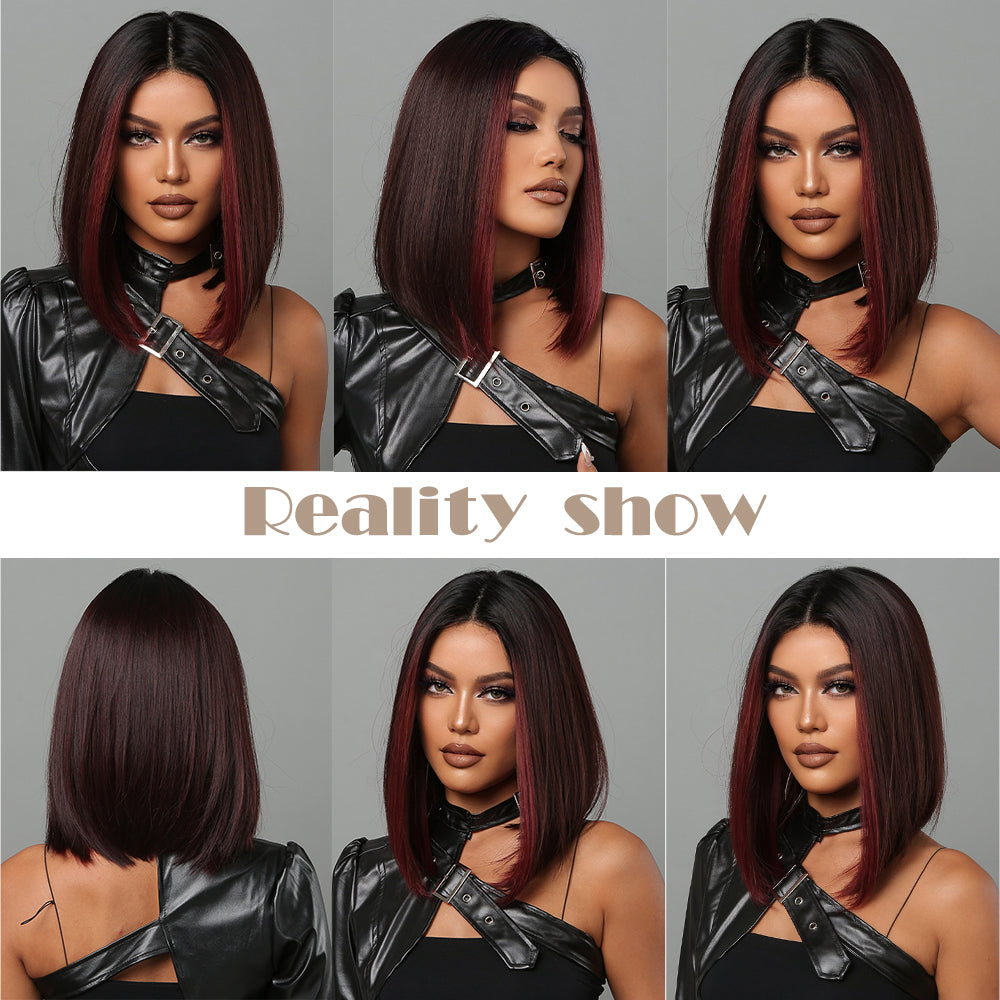 short straight bobo wigs black ombre red with bangs wigs for women for daily life LC2054-1