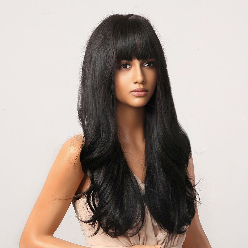 26 Inches Long Curly BlackWigs with Bangs Synthetic Wigs Women's Wigs for Daily or Cosplay Use LC2051-1