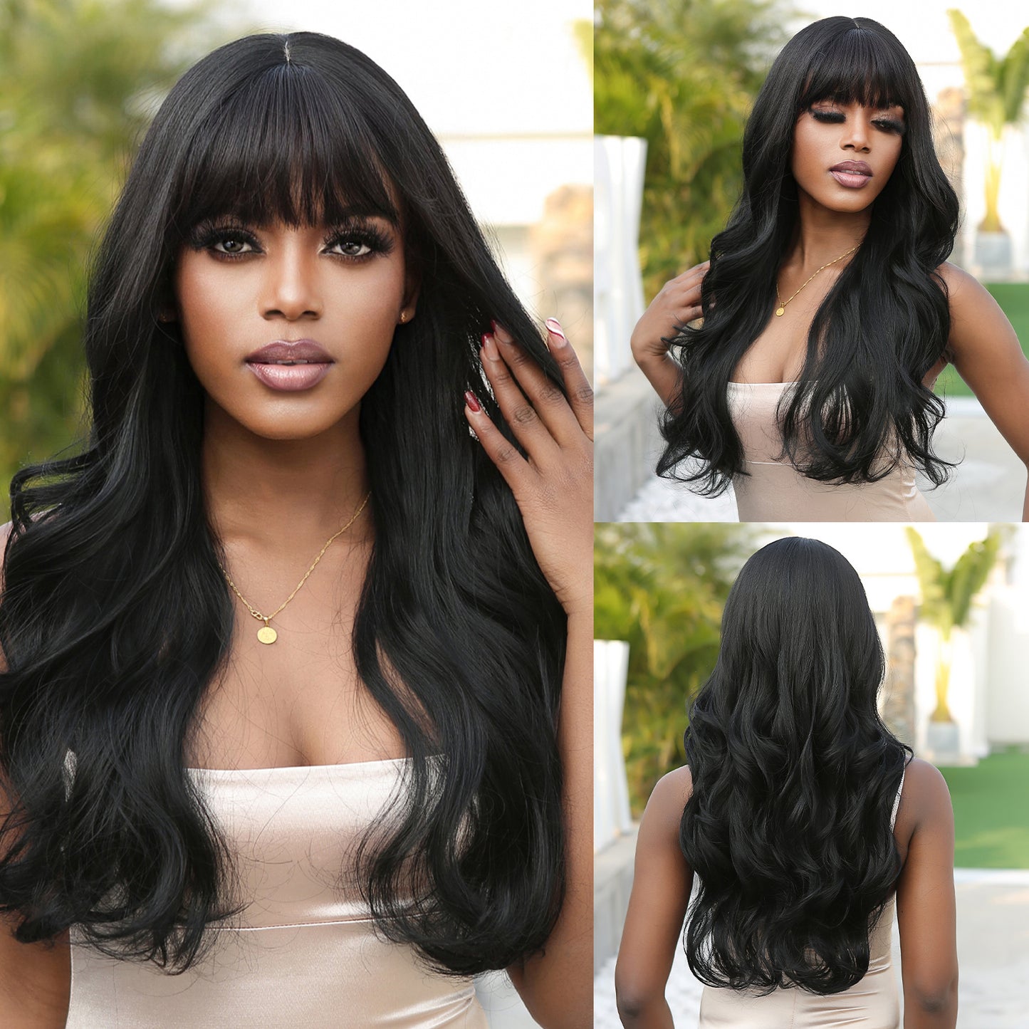 28 Inches Long Curly Black Wigs with Bangs Synthetic Wigs Women's Wigs for Daily or Cosplay Use WL1113-2