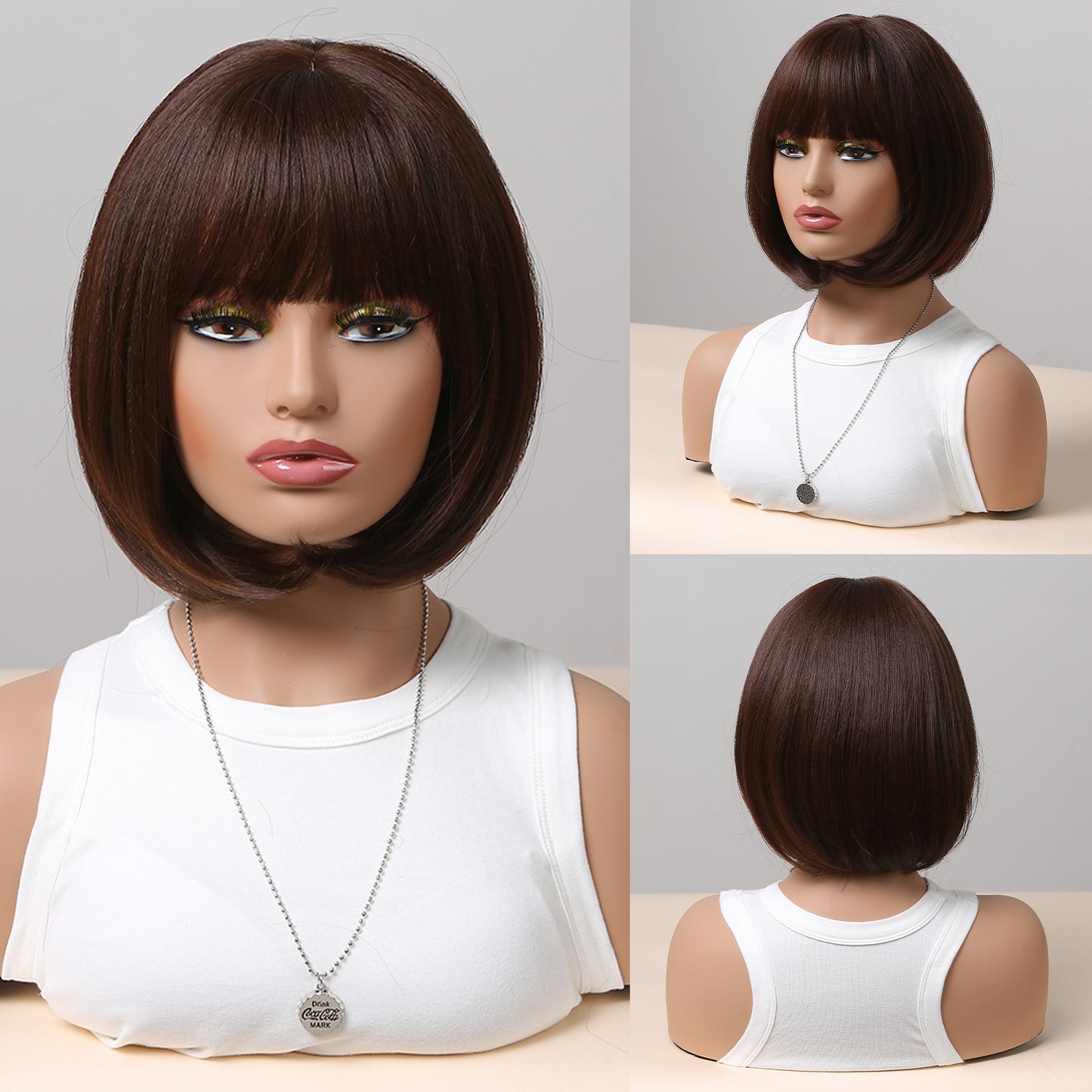 12 inch hort straight brown Bob wig with bangs Women's wig for daily  or cosplay use SS155-1