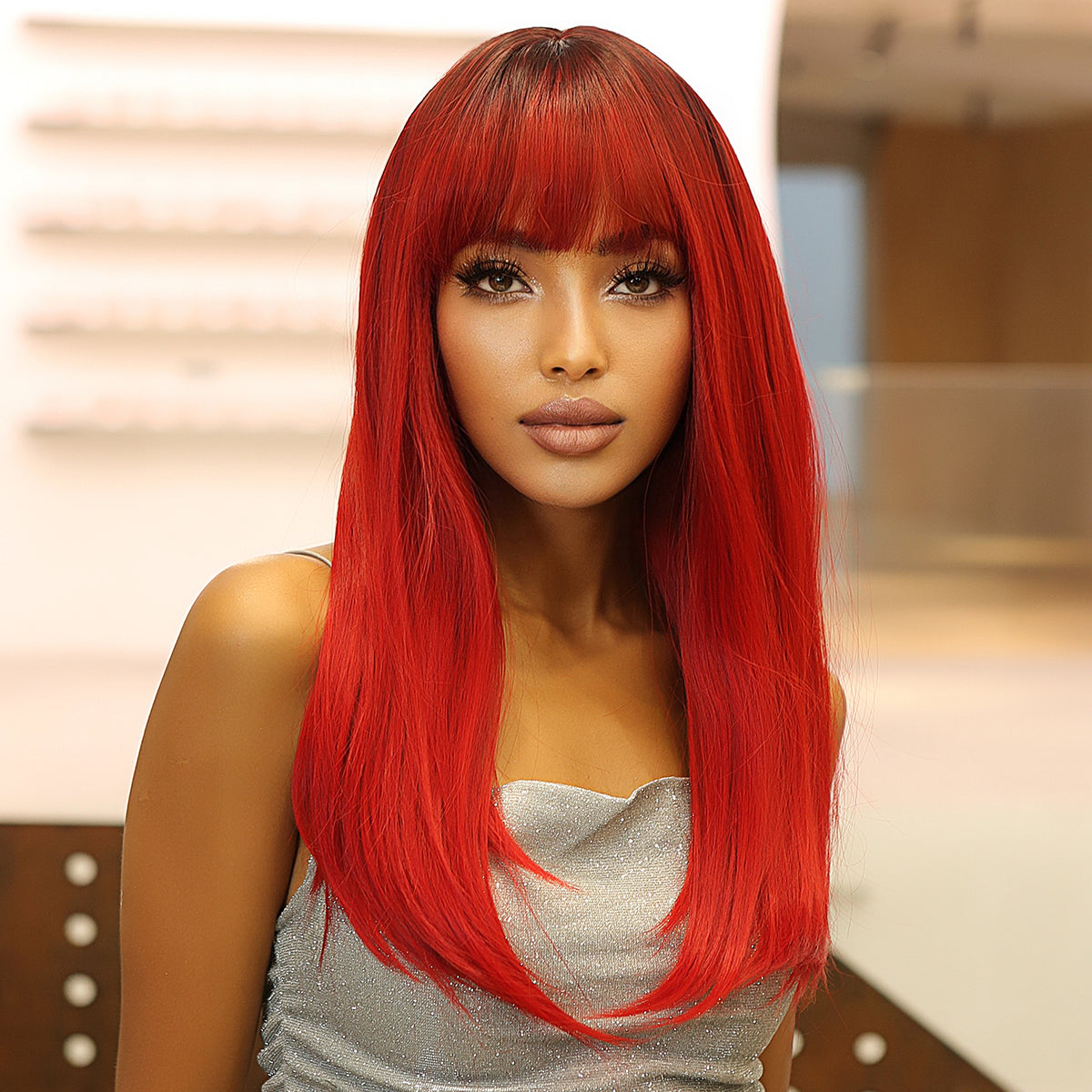 22 Inch red Long straight wigs with bangs wigs for Women for Daily WL1084-2