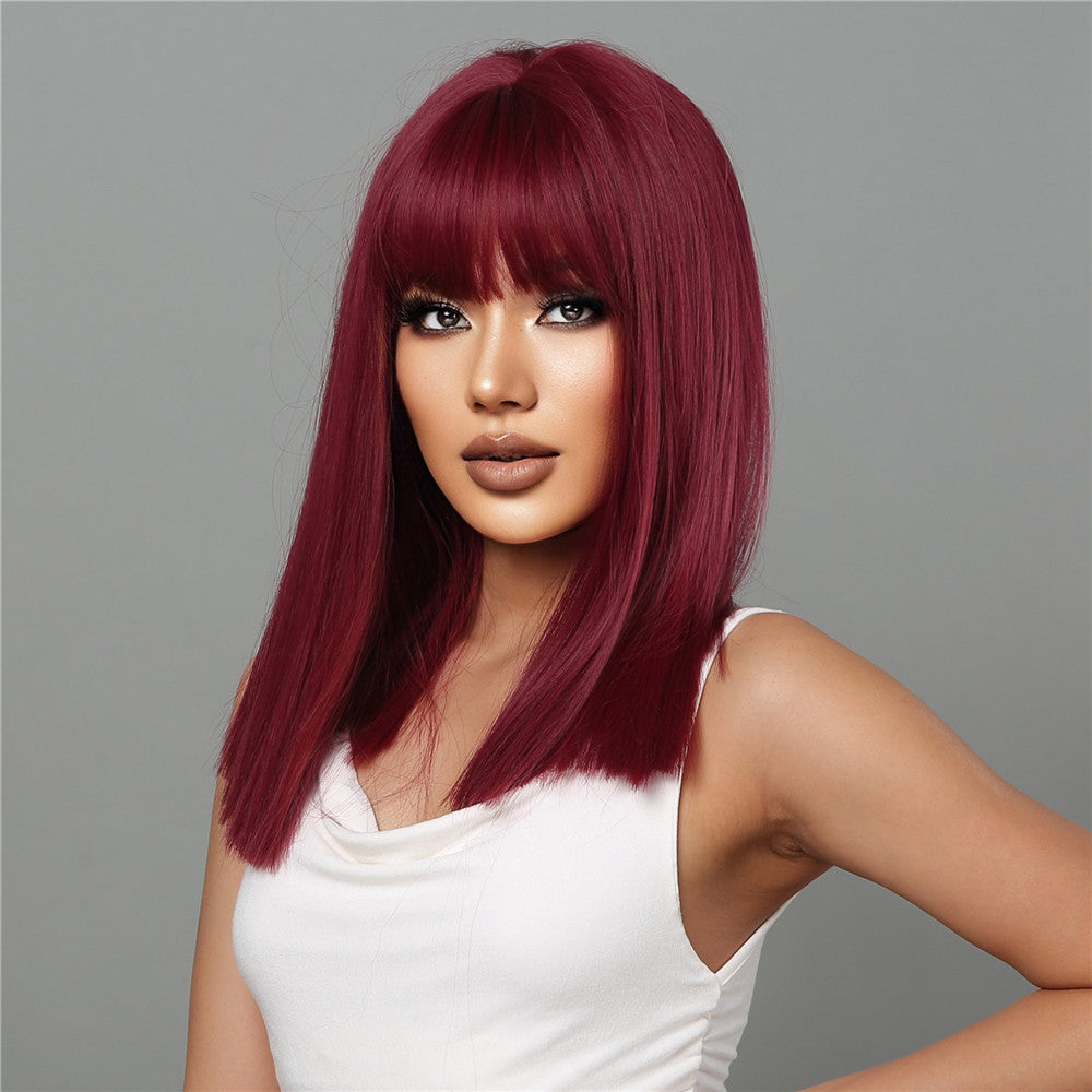 18 Inch Long Straight Wine Red Wigs with Bangs Wigs for Women LC2072-1