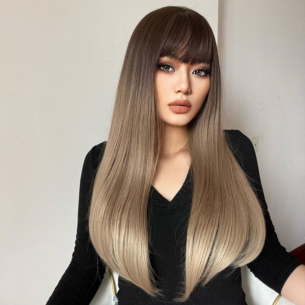 26 inch Long curly wigs brown black ombre blonde wigs with bangs for women for daily or cosplay use LC169-1