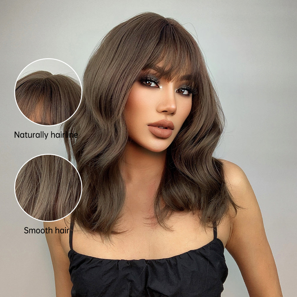 18 Inch Long Wavy Wigs Brown with Bangs Wigs for Women Daily or Cosplay Use lc6034-1