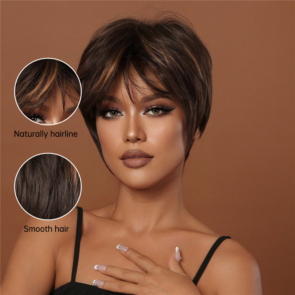 8 Inches Short Brown Black Wigs with Blonde Highlight Pixie Cut Wigs for Women Daily or Cosplay Use LC2020-4