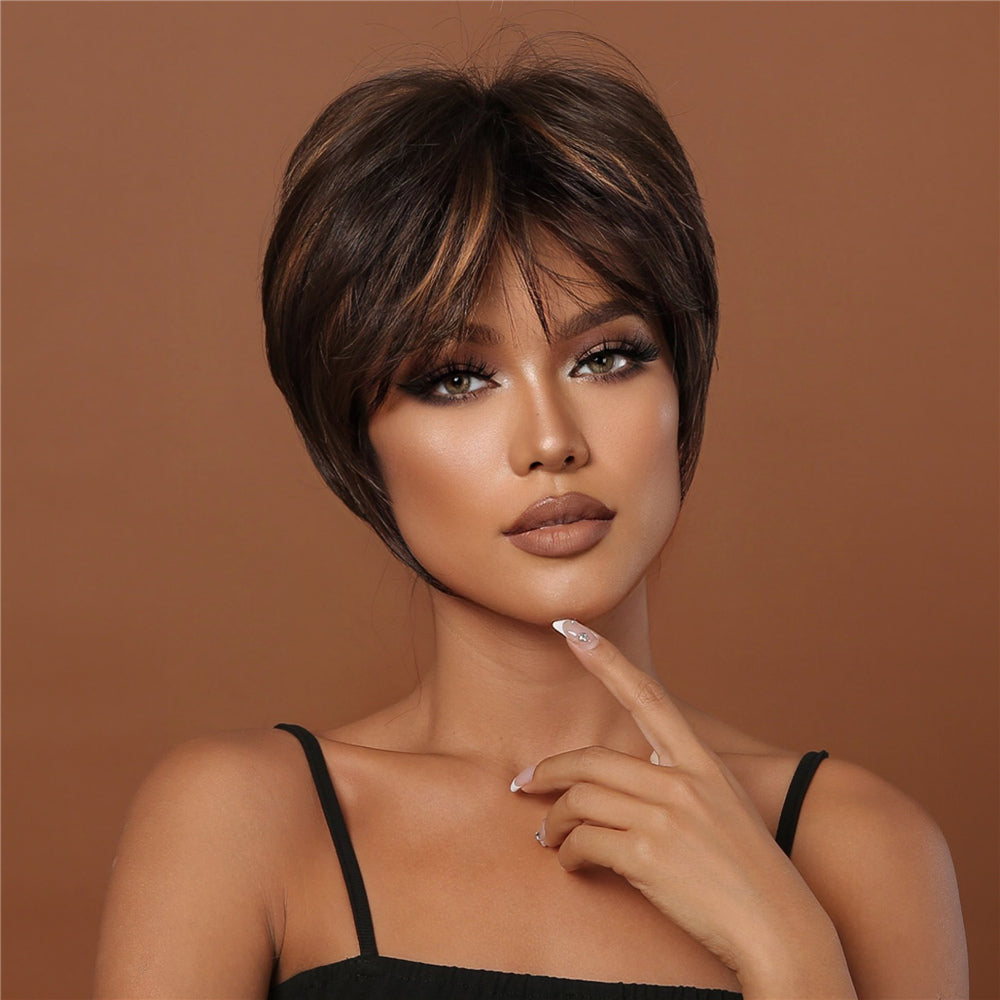 8 Inches Short Brown Black Wigs with Blonde Highlight Pixie Cut Wigs for Women Daily or Cosplay Use LC2020-4