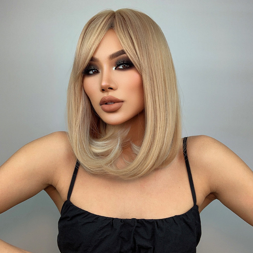 16 Inch long straight wigs blonde with bangs wigs for women daily or cosplay use LC046-1