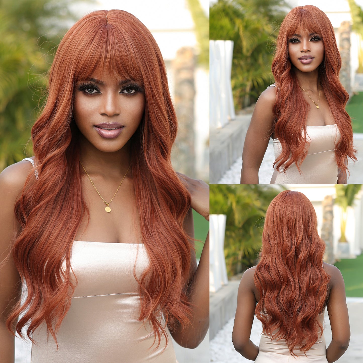 26 Inches Long Curly Wine Red Brown Wigs with Bangs Synthetic Wigs Women's Wigs for Daily Use Party or Cosplay Taking Photos LC2088-6