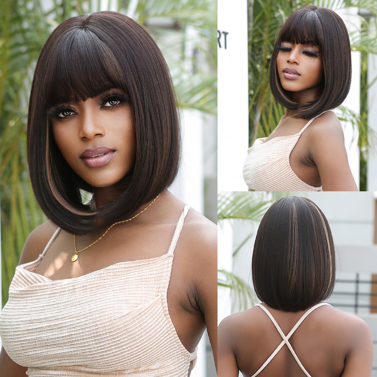 14 Inches Short Straight Brown Black and Blonde Highlight Bobo Wigs with Bangs Synthetic Wigs Women's Wigs for Daily or Cosplay Use WL1107-1