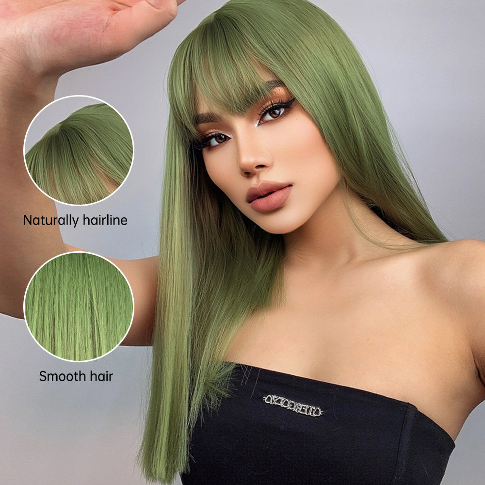 Long straight green wigs with bangs wigs for women for daily party LC6043-1