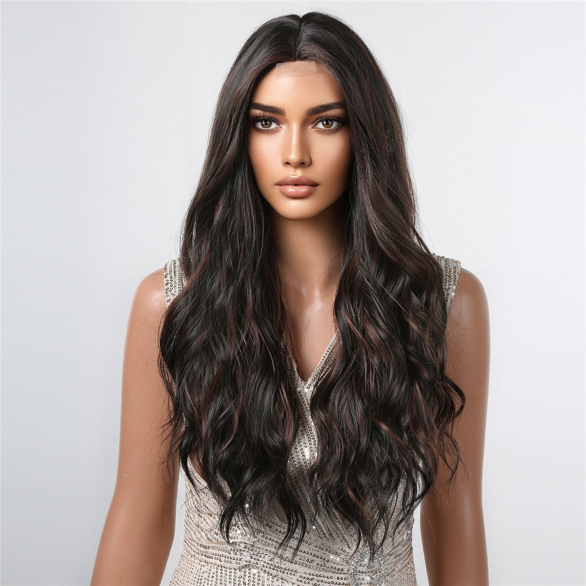 [Lace Front] 30 Inch long curly wigs with lace front wigs brown highlight black wigs for women FTL3007-1