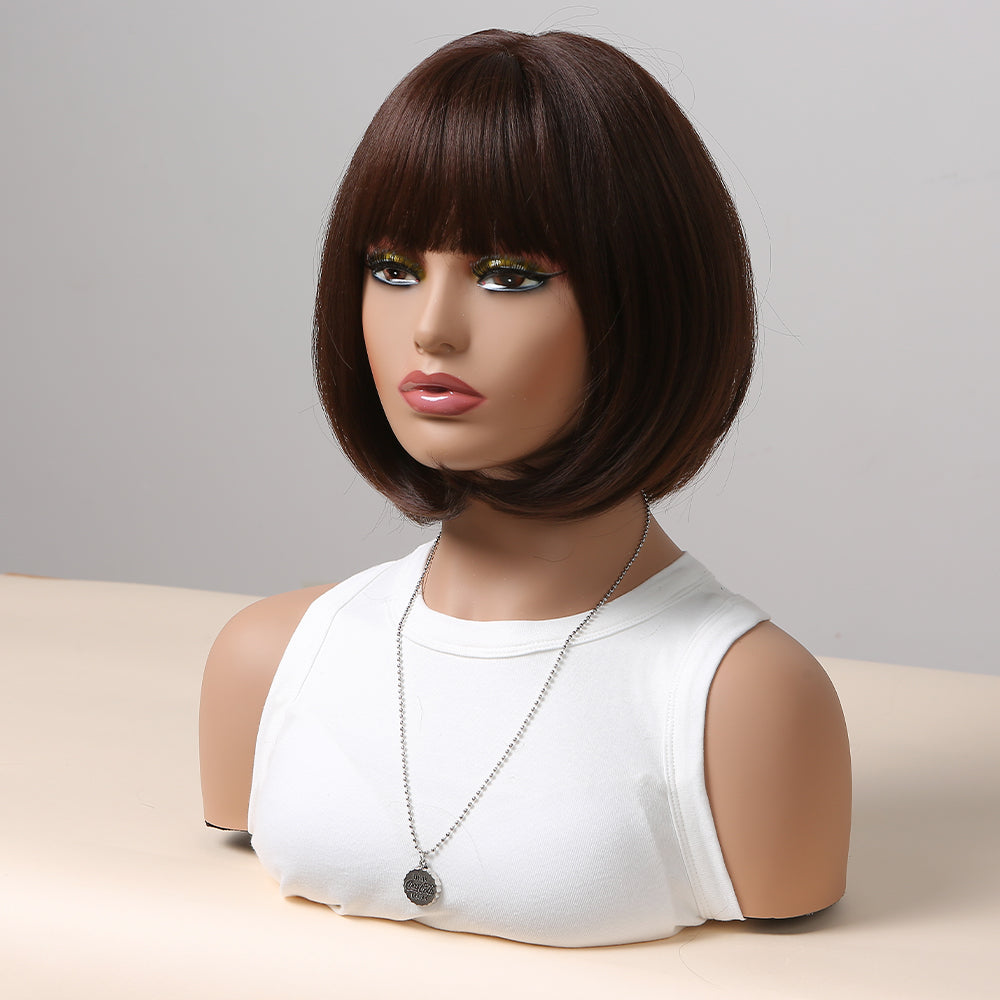 12 inch hort straight brown Bob wig with bangs Women's wig for daily  or cosplay use SS155-1