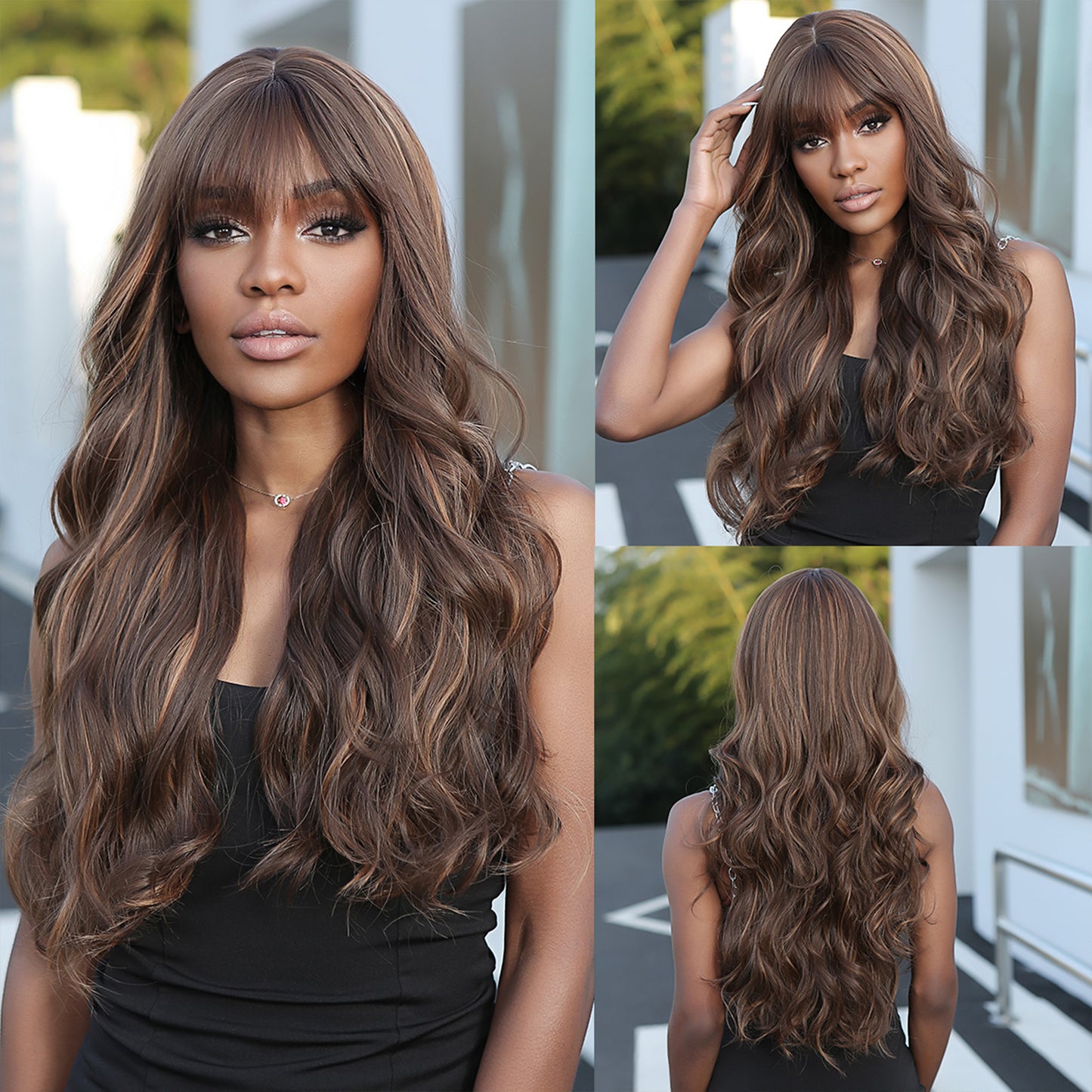 28 Inches Long Straight Brown Wigs with Bangs Synthetic Fiber Wigs Women's Wigs Daily Use for Party or Cosplay Photos LC2074-3