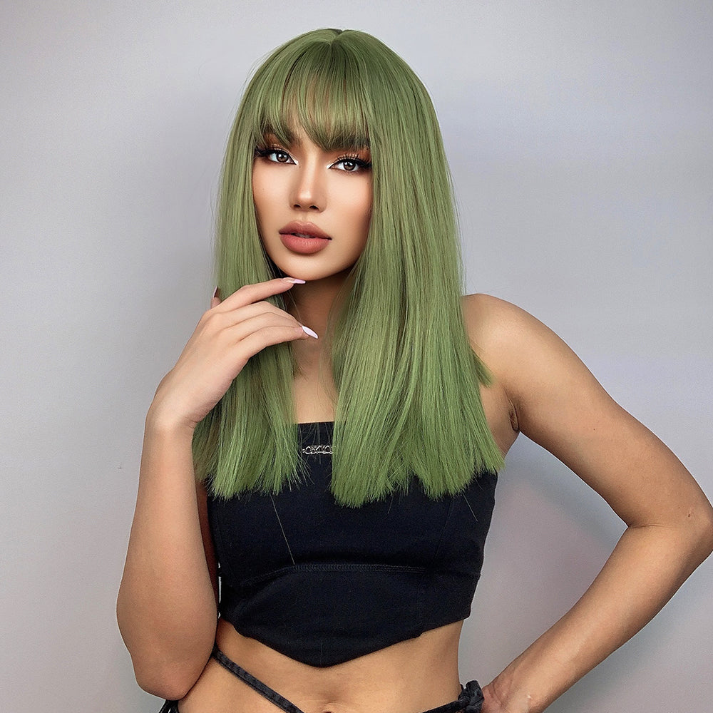 Long straight green wigs with bangs wigs for women for daily party LC6043-1