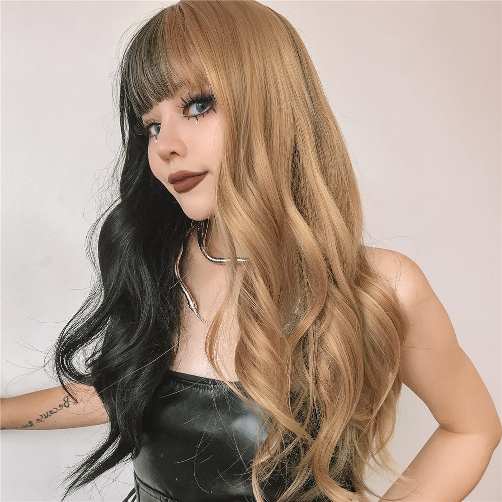 26 Inches Long Curly Black and Blonde Wigs with Bangs Synthetic Wigs Women's Wigs for Daily or Cosplay Use lc459-1