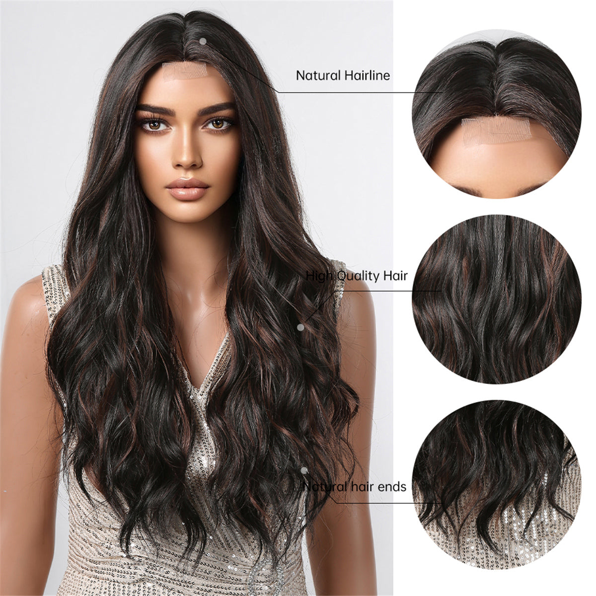 [Lace Front] 30 Inch long curly wigs with lace front wigs brown highlight black wigs for women FTL3007-1