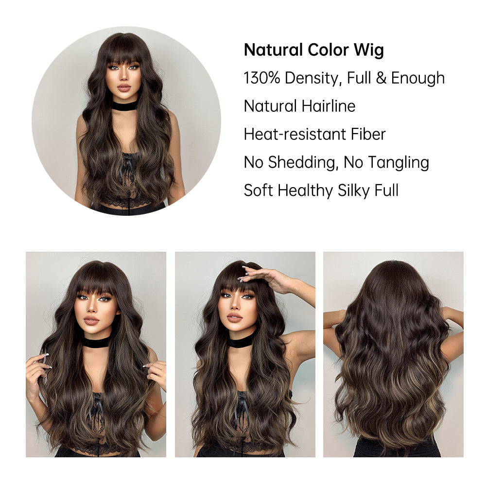 26 Inches Long Curly Brown Wigs with Bangs and Black Roots Synthetic Wigs Women's Wigs for Daily or Cosplay Use LC1029-1