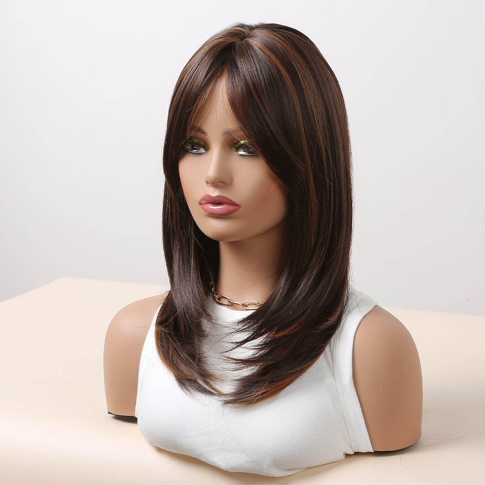 long Brown Wigs for Women, Synthetic Wig with Bangs Layered Hair with Highlight LC483-1