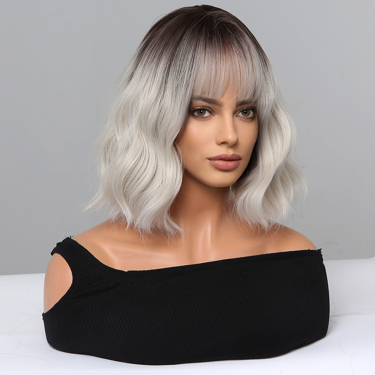 14 Inch Short Curly Black Ombre Silver Wig Synthetic Wig Women's Wig | WL1077-2