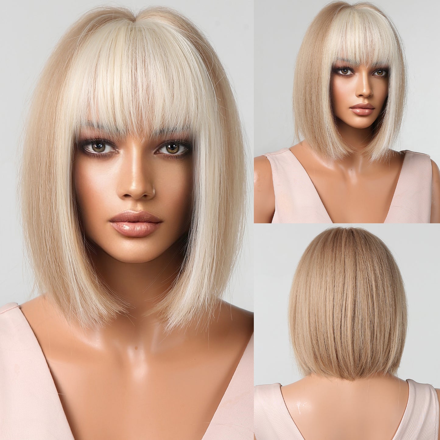 12 Inches Short Straight Blonde Bobo Wigs with Ivory Bangs Synthetic Wigs for Women Daily Use LC2080-10