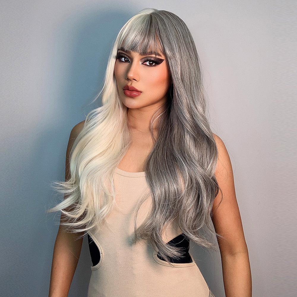 26 Inches Long Curly Gray and White Wigs with Bangs Synthetic Wigs Women's Wigs for Daily or Cosplay Use lc6081-1