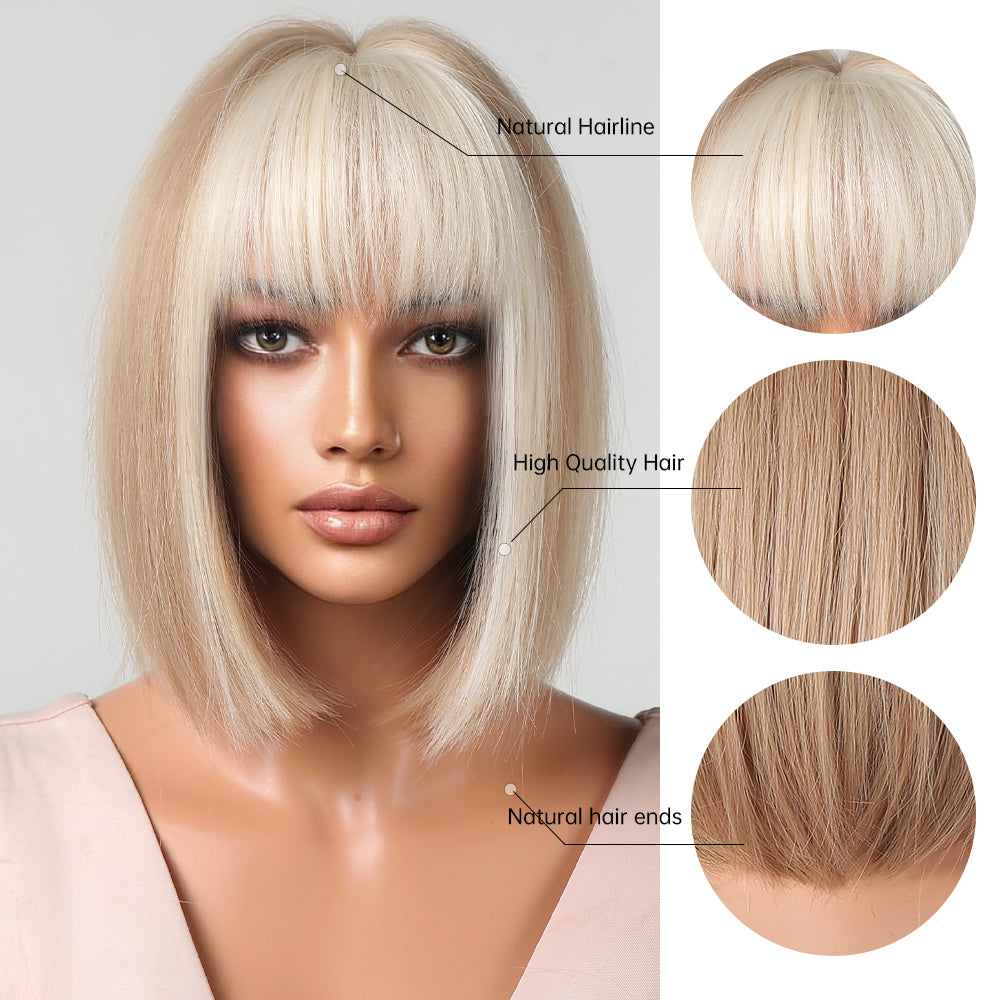 12 Inches Short Straight Blonde Bobo Wigs with Ivory Bangs Synthetic Wigs for Women Daily Use LC2080-10