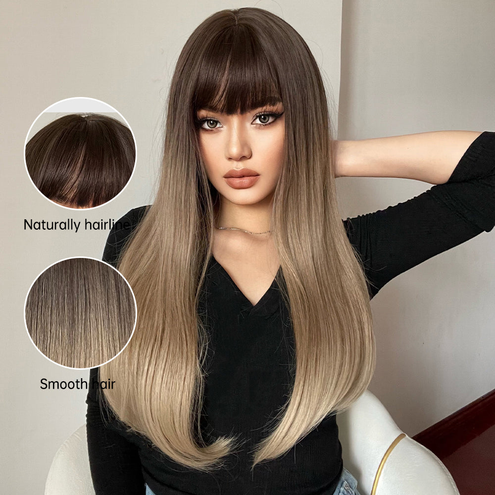 26 inch Long curly wigs brown black ombre blonde wigs with bangs for women for daily or cosplay use LC169-1