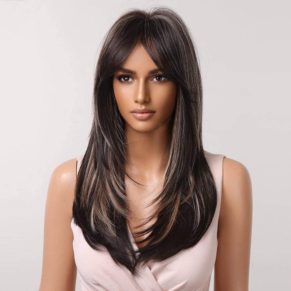 22 Inch-long deep brown straight wigs with bangs wigs for women LC2068-4