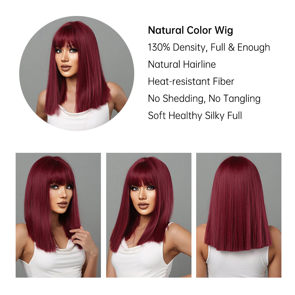 18 Inch Long Straight Wine Red Wigs with Bangs Wigs for Women LC2072-1