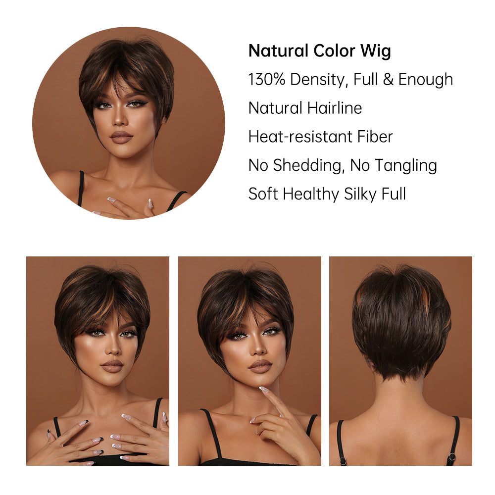 8 Inches Short Brown Black Wigs with Blonde Highlight Pixie Cut Wigs for Women Daily or Cosplay Use LC2020-4