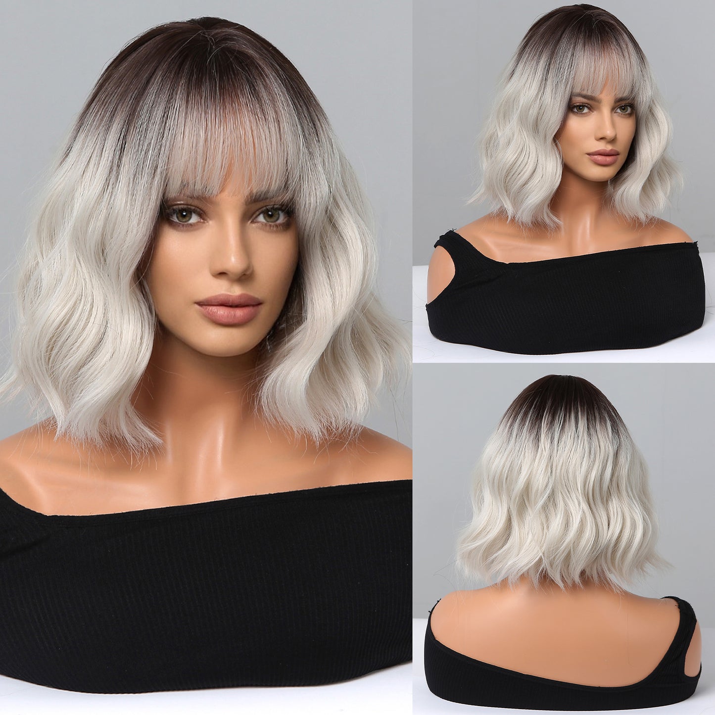 14 Inch Short Curly Black Ombre Silver Wig Synthetic Wig Women's Wig | WL1077-2