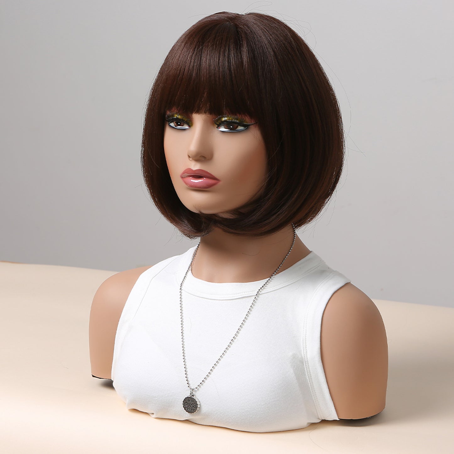 12 inch hort straight brown Bob wig with bangs Women's wig for daily  or cosplay use SS155-1